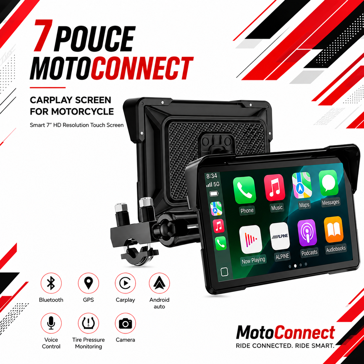Écran CarPlay moto MotoConnect installé sur un guidon